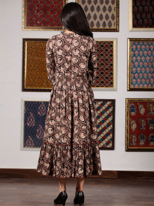 Black Brown Beige Hand Block Printed Cotton Dress With Tassels - D227F1329