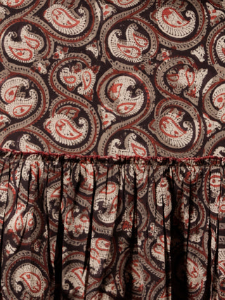 Black Brown Beige Hand Block Printed Cotton Dress With Tassels - D227F1329