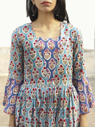 Blue White Red Green Indigo Long Hand Block Cotton Layered Dress With Bell Sleeves  - D142F1072
