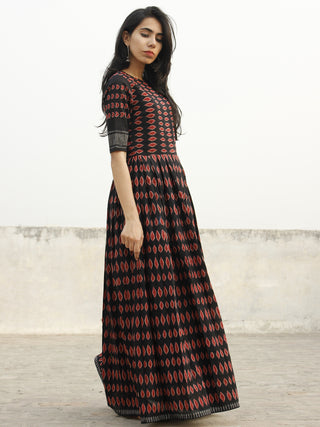 Naaz Azia - Black Maroon Grey Long Hand Block Cotton Dress With Knife Pleats & Lining - DS43F001