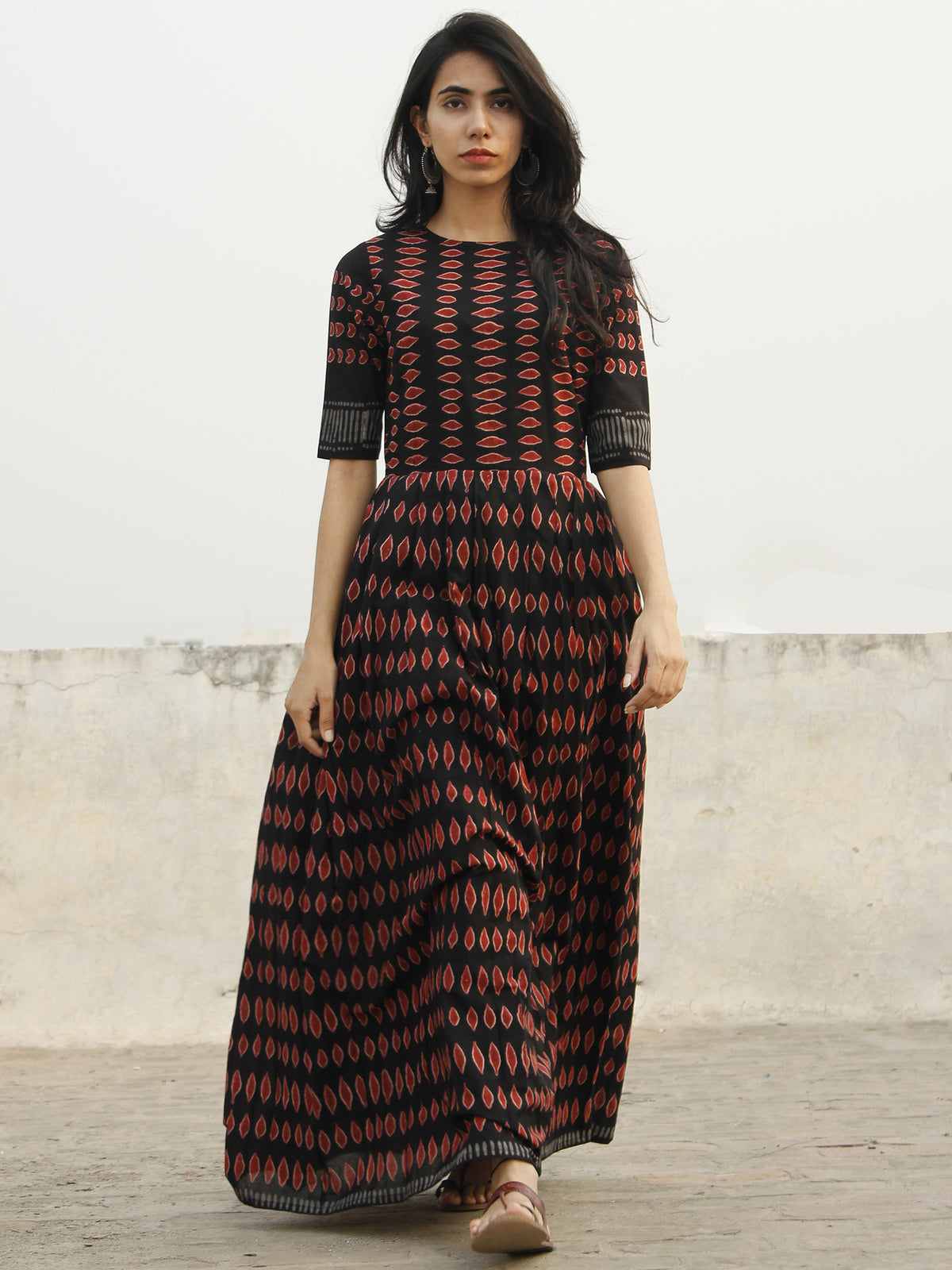 Naaz Azia Black Maroon Grey Long Hand Block Cotton Dress With Knife Pleats Lining DS43F001