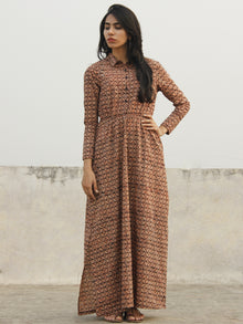Black Maroon Beige Orange Long Hand Block Cotton Dress With Elasticated Waist And Side Slit  - D147F1075
