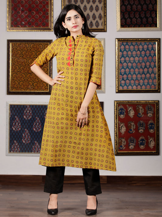Mustard Orange Black Ajrakh Hand Block Printed Kurta in Natural Colors - K82F1629