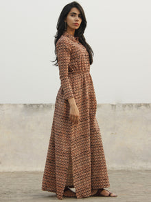 Black Maroon Beige Orange Long Hand Block Cotton Dress With Elasticated Waist And Side Slit  - D147F1075