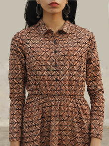 Black Maroon Beige Orange Long Hand Block Cotton Dress With Elasticated Waist And Side Slit  - D147F1075