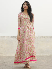 Ivory Pink Green Magenta Long Front Open Hand Block Cotton Dress With Lining   - D149F1099