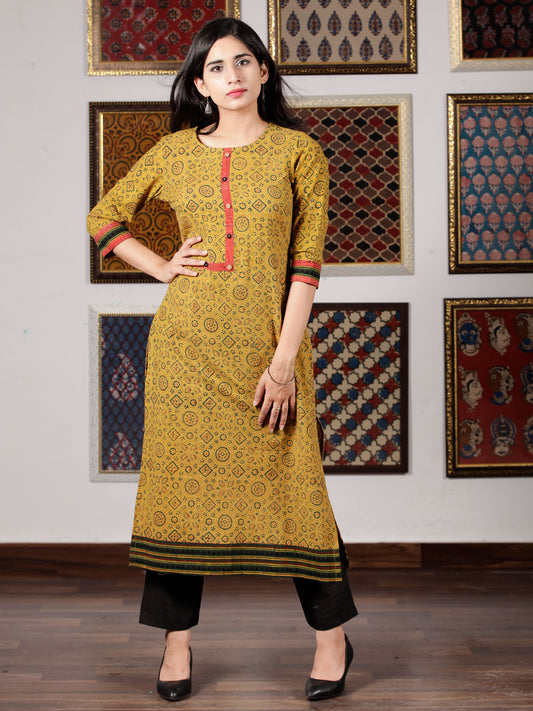 Mustard Green Black Orange Ajrakh Hand Block Printed Kurta in Natural Colors - K104F1524