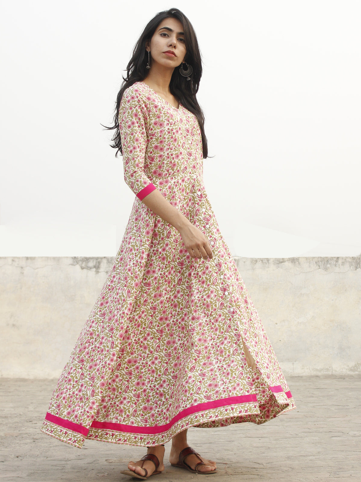 Ivory Pink Green Magenta Long Front Open Hand Block Cotton Dress With Lining   - D149F1099