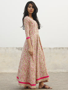 Ivory Pink Green Magenta Long Front Open Hand Block Cotton Dress With Lining   - D149F1099
