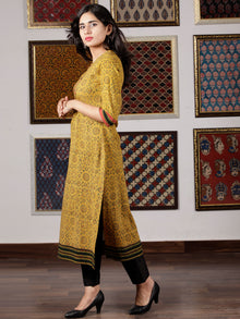 Mustard Green Black Orange Ajrakh Hand Block Printed Kurta in Natural Colors - K104F1524