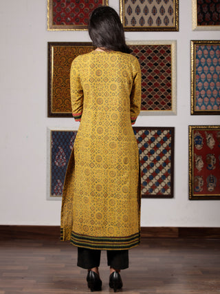 Mustard Green Black Orange Ajrakh Hand Block Printed Kurta in Natural Colors - K104F1524
