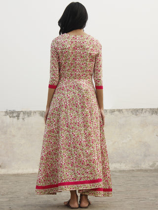 Ivory Pink Green Magenta Long Front Open Hand Block Cotton Dress With Lining   - D149F1099
