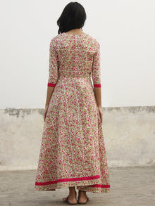 Ivory Pink Green Magenta Long Front Open Hand Block Cotton Dress With Lining   - D149F1099