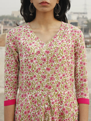 Ivory Pink Green Magenta Long Front Open Hand Block Cotton Dress With Lining   - D149F1099