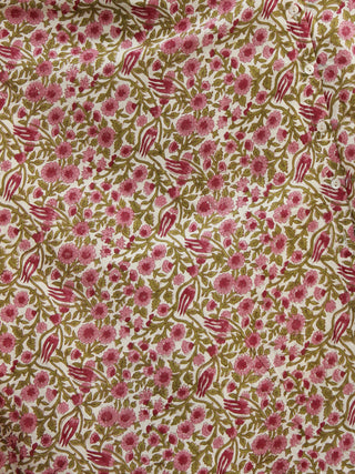 Ivory Pink Green Magenta Long Front Open Hand Block Cotton Dress With Lining   - D149F1099