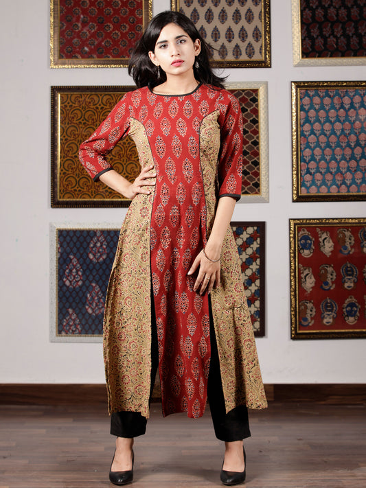 Red Peanut Brown Black Blue Ajrakh Hand Block Printed Kurta in Natural Colors - K59F1610