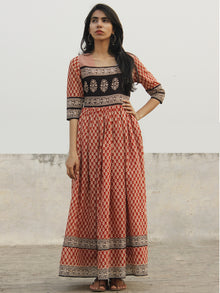 Naaz Red Ivory Black Long Hand Block Cotton Dress With Lining  - DS44F001