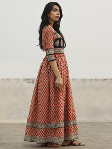 Naaz Red Ivory Black Long Hand Block Cotton Dress With Lining  - DS44F001