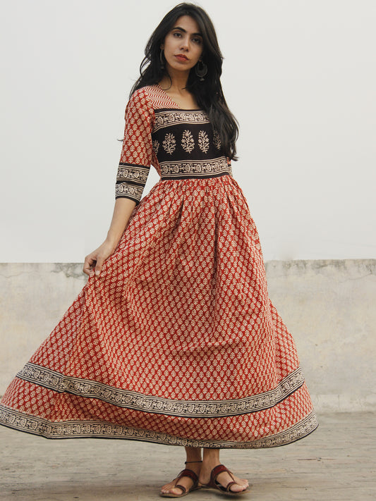 Naaz Red Ivory Black Long Hand Block Cotton Dress With Lining  - DS44F001