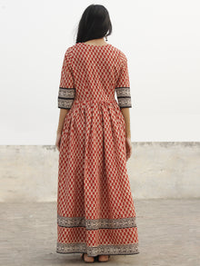 Naaz Red Ivory Black Long Hand Block Cotton Dress With Lining  - DS44F001