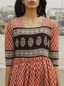 Naaz Red Ivory Black Long Hand Block Cotton Dress With Lining  - DS44F001