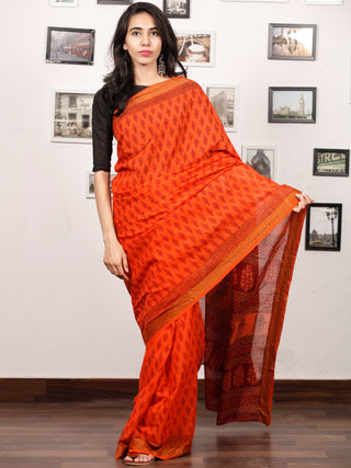 Coral Maroon Black Bagh Printed Maheshwari Cotton Saree - S031703342