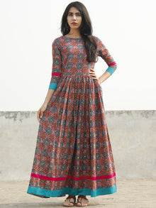 Pink Sea Green Yellow Magenta Hand Blocked Cotton Long Dress With Back Details - D136F778