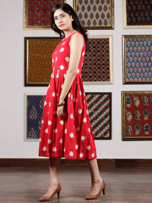 Red White Handwoven Double Ikat Pleated Sleeveless Dress With Side Pockets & Tassels   - D65F1565