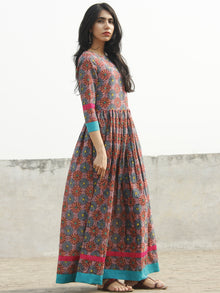 Pink Sea Green Yellow Magenta Hand Blocked Cotton Long Dress With Back Details - D136F778