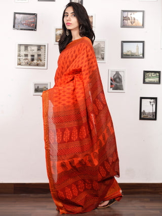 Coral Maroon Black Bagh Printed Maheshwari Cotton Saree - S031703342