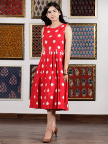 Red White Handwoven Double Ikat Pleated Sleeveless Dress With Side Pockets & Tassels   - D65F1565