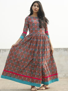 Pink Sea Green Yellow Magenta Hand Blocked Cotton Long Dress With Back Details - D136F778