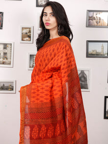 Coral Maroon Black Bagh Printed Maheshwari Cotton Saree - S031703342