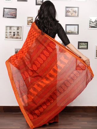 Coral Maroon Black Bagh Printed Maheshwari Cotton Saree - S031703342