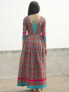 Pink Sea Green Yellow Magenta Hand Blocked Cotton Long Dress With Back Details - D136F778