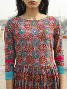 Pink Sea Green Yellow Magenta Hand Blocked Cotton Long Dress With Back Details - D136F778