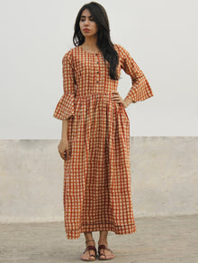 Brick Red Ivory Brown Hand Block Long Cotton Dress With Bell Sleeves  - D151F1094