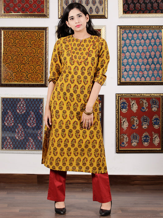Mustard Red Green Black Ajrakh Hand Block Printed Kurta in Natural Colors - K106F1602