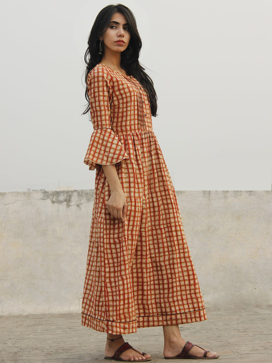 Brick Red Ivory Brown Hand Block Long Cotton Dress With Bell Sleeves  - D151F1094