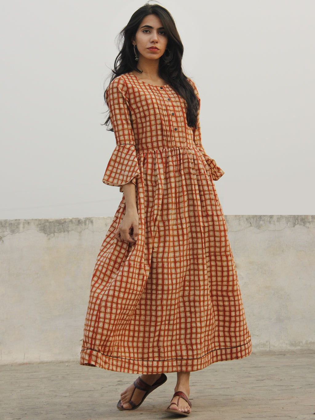 Brick Red Ivory Brown Hand Block Long Cotton Dress With Bell ...