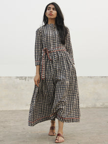 Indigo Ivory Black Long Hand Block Cotton Dress With Stand Collar   - D152F1082