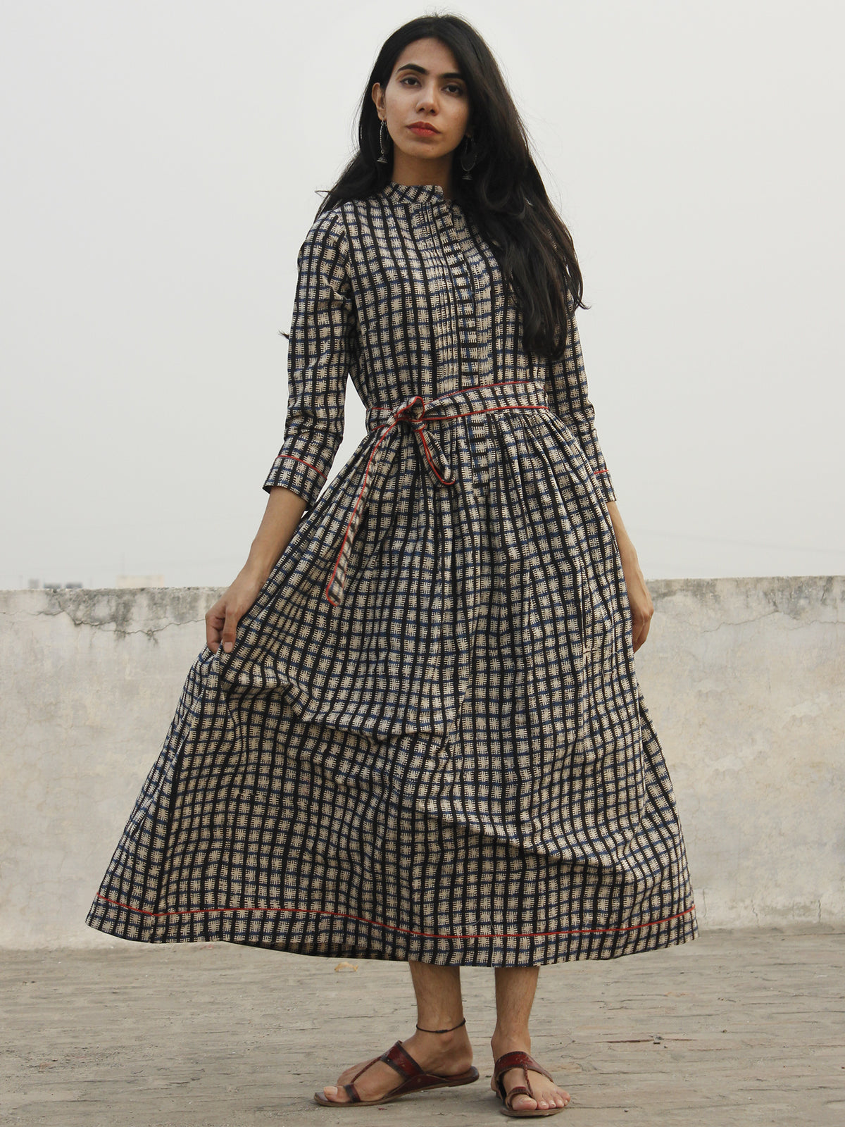 Indigo Ivory Black Long Hand Block Cotton Dress With Stand Collar   - D152F1082