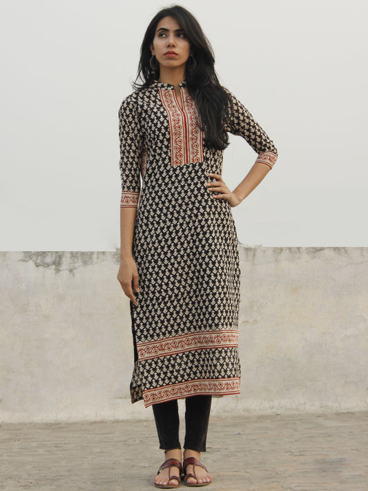 Black Beige Red Hand Block Printed Kurta With Stand Collar - K28F001