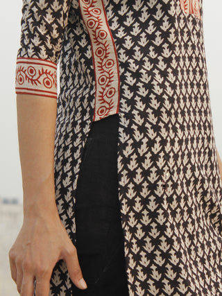 Black Beige Red Hand Block Printed Kurta With Stand Collar - K28F001