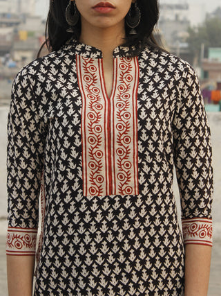 Black Beige Red Hand Block Printed Kurta With Stand Collar - K28F001