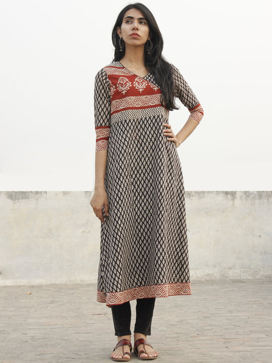 Black Red Beige Hand Block Printed Angrakha Style Kurta - K30F001
