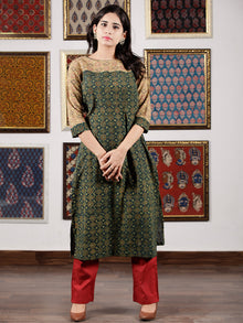 Green Beige Peanut Brown Black Ajrakh Hand Block Printed Kurta in Natural Colors - K107F1586