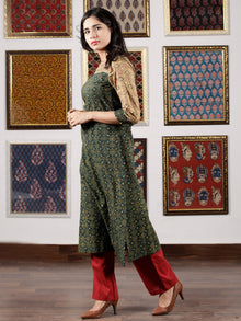 Green Beige Peanut Brown Black Ajrakh Hand Block Printed Kurta in Natural Colors - K107F1586