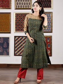 Green Beige Peanut Brown Black Ajrakh Hand Block Printed Kurta in Natural Colors - K107F1586