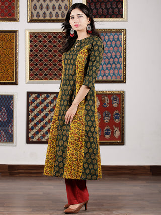 Green Yellow Maroon Black Ajrakh Hand Block Printed Kurta in Natural Colors - K108F1598